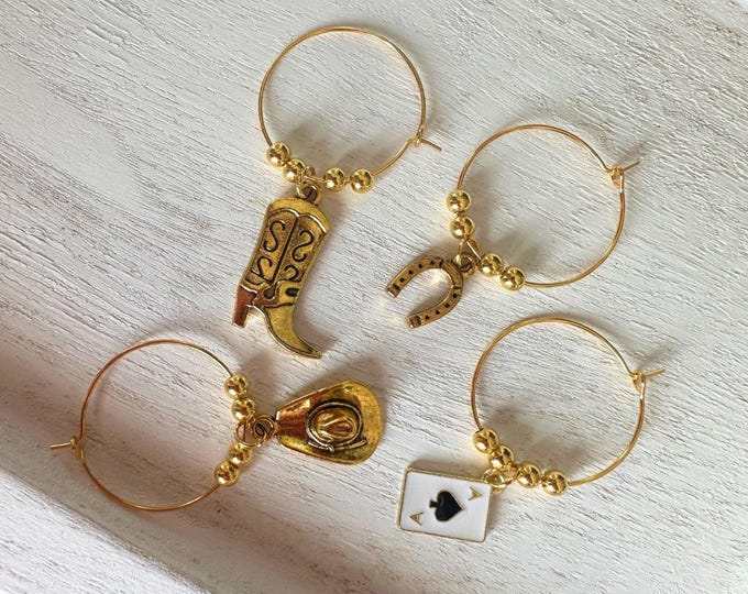 Customizable Western Wine Glass Charms: Cowboy Boot, Hat, Horseshoe - Set of 4