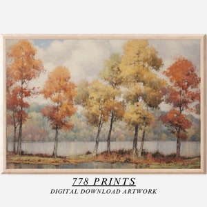 Autumn Trees Painting Fall Wall Art Vintage Landscape Print Rustic Wall Art 351 image 1