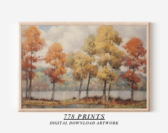 Autumn Trees Painting | Fall Wall Art | Vintage Landscape Print | Rustic Wall Art | 351