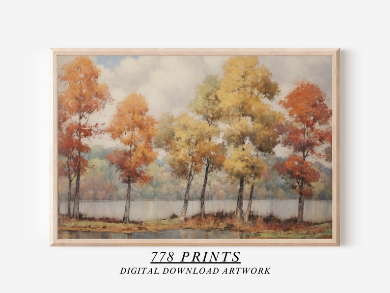 Autumn Trees Painting Fall Wall Art Vintage Landscape Print Rustic Wall Art 351 image 1