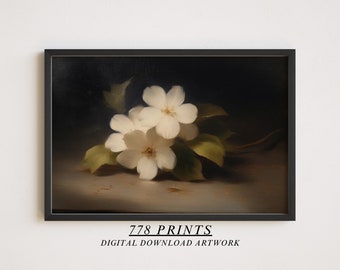 Muted Floral Still Life | White Flower Painting | Moody Botanical Decor | Vintage Art | 285