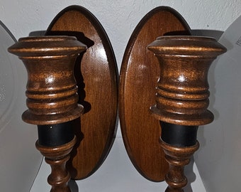 Vintage Set of Two Taper Candle Wood and Metal Wall Sconces