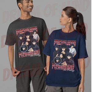May include: Two t-shirts featuring a graphic of Megumi Fushiguro from the anime Jujutsu Kaisen. The shirts are in dark gray and navy blue with red text that reads "Megumi Fushiguro The Prodigy".