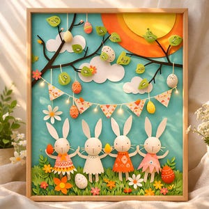 May include: A framed Easter artwork depicting four white rabbits holding hands in a grassy field. The scene includes decorated eggs, a tree with leaves, and a banner with lights, set against a blue sky with a sun.