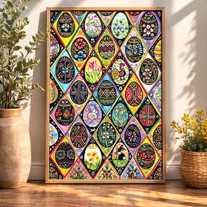 May include: A framed artwork displaying a colourful pattern of Easter eggs. Each egg is uniquely decorated with floral, geometric, and animal designs, set against a diamond-shaped background. The artwork is framed in a light-coloured wooden frame.