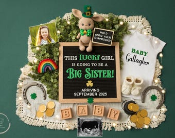 Big Sister St. Patrick&#39;s Day Pregnancy Announcement Digital, Lucky Charm Number 2 Baby Reveal, Second Baby Editable Template, Expecting