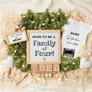 Second Baby Pregnancy Announcement Digital, Baby Number 2 Reveal, Neutral Editable Template, Family of Four, One More To Adore, Social Media
