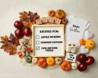 Zweites Baby Herbst Schwangerschaft Ankündigung Digital, Baby Nummer 2 Herbst offenbaren bearbeitbare Vorlage, neutrale Social Media Apfel Kürbis erwartet