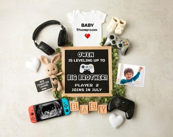 Videospiel Big Brother Schwangerschaftsankündigung, zweite Baby-Enthüllung, digitaler Gamer bearbeitbare Vorlage, erwartet Spieler 2 Neues Geschwister, Level Up