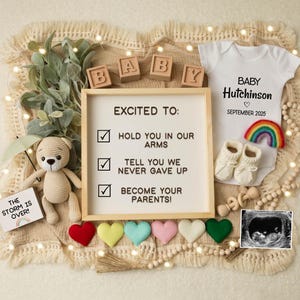 Zwangerschapsaankondiging regenboogbaby digitaal, IVF-onthulling, Miracle Baby, bewerkbare sjabloon, in verwachting, na elke storm is er een regenboog