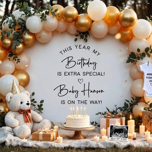 Annuncio digitale di compleanno, gravidanza e nascita, modificabile, regalo di buon compleanno, modello neutro con palloncini e orsacchiotto, il regalo migliore di sempre