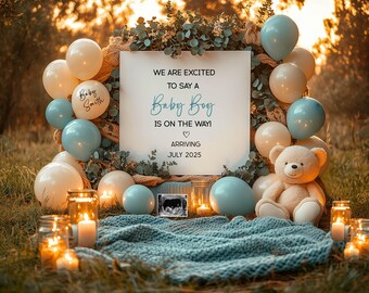It's A Boy Pregnancy Announcement, Digital Baby Boy Gender Reveal, Little Brother, Boho Social Media Editable Template, Customizable, Summer