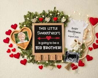 Big Brother Valentines Day Pregnancy Announcement Digital, Second Baby Social Media Reveal, Sweet Number 2 Editable Template, Sibling Hearts