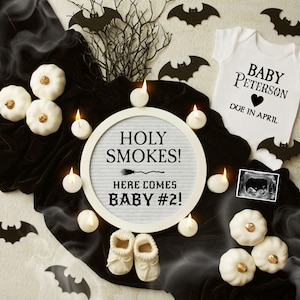 Second Baby Halloween Pregnancy Announcement, Baby Number 2 Digital Editable Template, Family of Four Reveal, Social Media Bats Fall Pumpkin