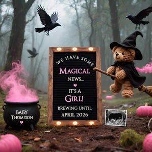 Faire-part de grossesse numérique Halloween, sexe de bébé rose fumée, modèle modifiable magique, citrouilles chaudron de sorcière