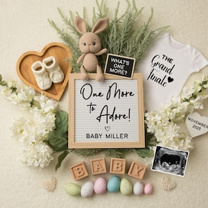 Last One Ostern Schwangerschaftsankündigung, digitales großes Finale Baby-Enthüllung, erwartet endgültige bearbeitbare Vorlage, vierter, dritter, Frühling, Hase