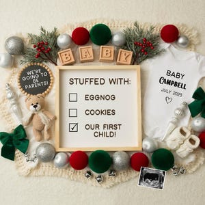 Anúncio de gravidez digital fofo de Natal, lista de verificação engraçada para revelação de novo bebê, Instagram de Natal, download de modelo editável esperando