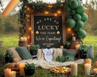St. Patrick's Day Pregnancy Announcement Digital, Boho Lucky Charm Baby Reveal, Irish Editable Template, Green, March, Spring, Expecting