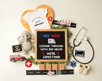 Cute Ambulance Pregnancy Announcement Digital, Editable Medical Baby Reveal Template, EMT First Responder, Wee Woo Bus, Paramedic Healthcare