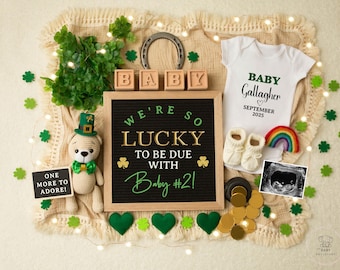 Second Baby St. Patrick&#39;s Day Pregnancy Announcement Digital, Lucky Charm Number 2 Reveal, Social Media Editable Template, Expecting Sibling