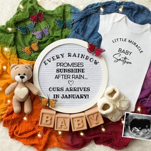 Regenboog baby zwangerschap aankondiging digitaal, Miracle Baby Reveal idee, bewerkbare sjabloon, sociale media direct downloaden, in verwachting, zegen