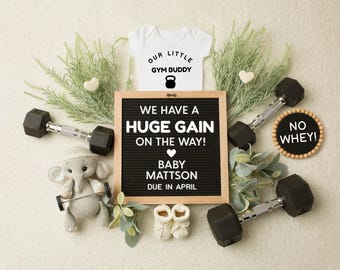 Gym Buddy Pregnancy Announcement Digital, Workout Fitness Baby Reveal, Exercise Editable Template, Expecting, Sports Baby Weightlifting
