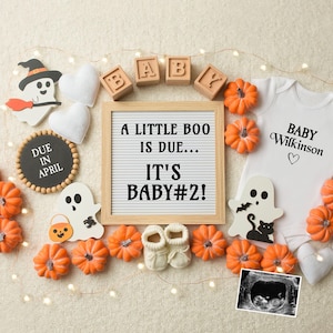 Faire-part de grossesse Halloween numérique pour bébé deuxième bébé, numéro deux bébé petit boo, modèle modifiable sur les réseaux sociaux, fantômes d'automne, citrouilles