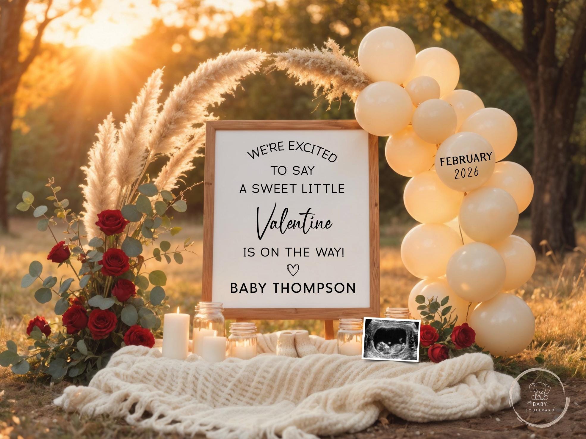 Valentines Day Boho Pregnancy Announcement Digital, February Baby Reveal, Neutral Editable Template, Roses Sunset Balloons, Social Media