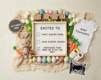 Third Baby Easter Pregnancy Announcement Digital, Number 3 Reveal Editable Template, Expecting Sibling, Social Media, Spring, Bunny, Eggs