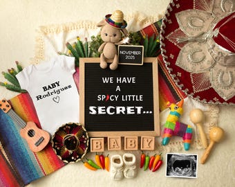 Annuncio di gravidanza digitale del Cinco de Mayo, rivelazione del bambino della Fiesta, modello modificabile di Instagram e Facebook, messicano americano, segreto piccante