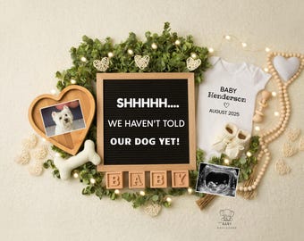 Anuncio digital de embarazo de perro, Shhh, todavía no le hemos dicho a nuestro perro, publicación de plantilla editable para mascotas, revelación personalizada de mamá perra y bebé peludo, esperando