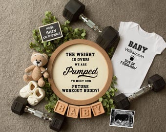 Workout Pregnancy Announcement Digital, Gym Fitness Baby Reveal, Exercise Editable Template, Expecting, Sports Baby Weightlifting Reveal