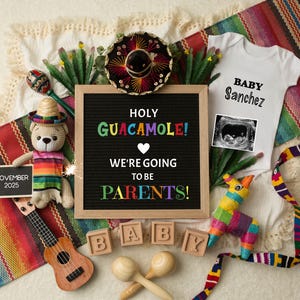 Lindo anuncio de embarazo para el Cinco de Mayo, revelación de bebé con guacamole sagrado para la fiesta mexicana, plantilla editable para Instagram, embarazadas, nuevos padres