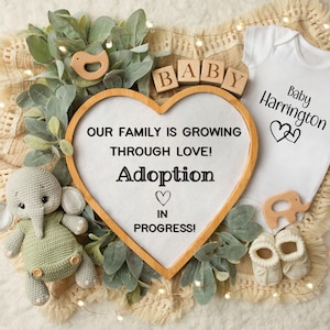 Plantilla de anuncio de adopción, revelación de adopción digital para redes sociales, plantilla de adopción neutral de género editable, estamos adoptando un bebé