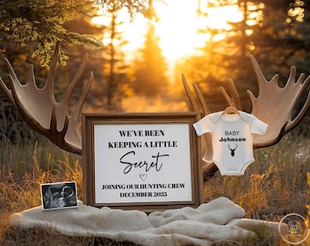 May include: A pregnancy announcement featuring a moose antler backdrop. A sign reads "We've been keeping a little secret. Joining our hunting crew December 2025". A baby onesie reads "Baby Johnson" with a deer silhouette.