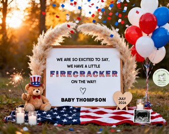 4th of July Pregnancy Announcement, Firecracker Patriotic Baby Reveal, USA Editable Template (Digital)
