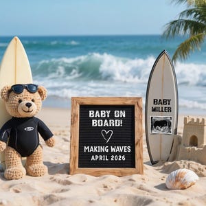 Surfing Pregnancy Announcement Digital, Beach Surfer Sports Baby Reveal, Summer Ocean Adventure Editable Template, Surfboard Waves Instagram