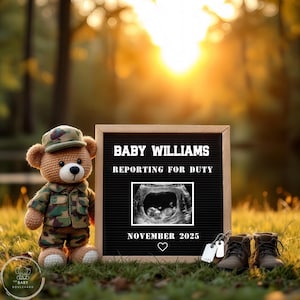 Military Pregnancy Announcement Digital, New Recruit Reporting for Duty, Baby Reveal Editable Template, Armed Forces, Expecting, Teddy Bear