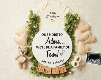 Second Baby Pregnancy Announcement Digital, Baby Number 2 Reveal, Neutral Editable Template, Family of Four, One More To Adore, Social Media
