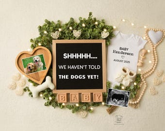 Annuncio di gravidanza del cane digitale, Shhh non l'abbiamo ancora detto ai cani, modello per animali domestici modificabile, rivelazione personalizzata del cucciolo di cane, in attesa
