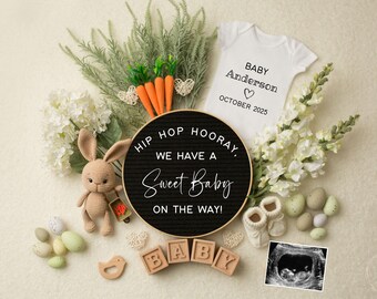 May include: A black and white ultrasound image, a white onesie with the text "BABY Anderson ♡ OCTOBER 2025", a black letter board with the text "HIP HOP HOORAY. WE HAVE A Sweet Baby ON THE WAY!" and a white bunny rabbit toy.