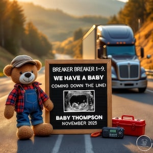 May include: A black letter board with a white wooden frame announces a pregnancy with the text "BREAKER BREAKER 1-9. WE HAVE A BABY COMING DOWN THE LINE!" and a black and white ultrasound image. The text "BABY THOMPSON NOVEMBER 2025" is also on the board. A brown teddy bear wearing a blue and red plaid shirt and a brown cap stands next to the board.