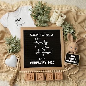 Second Baby Pregnancy Announcement Digital, Baby Number 2 Reveal, Neutral Editable Template, Family of Four, One More To Adore, Social Media
