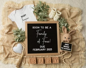 Second Baby Pregnancy Announcement Digital, Baby Number 2 Reveal, Neutral Editable Template, Family of Four, One More To Adore, Social Media