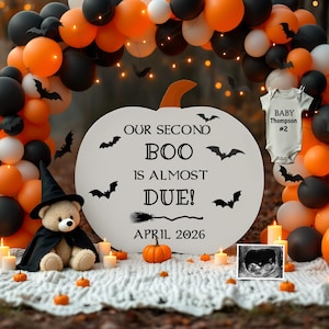 Second Baby Halloween Pregnancy Announcement Digital, Little Boo Baby Number 2 Reveal, Social Media Editable Template, Witch Pumpkins Bats