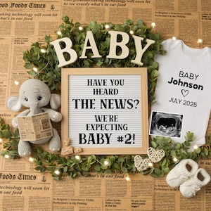 Second Baby Pregnancy Announcement Digital, Cute Baby Number 2 Editable Template Neutral News Social Media Reveal Expecting Instant Download
