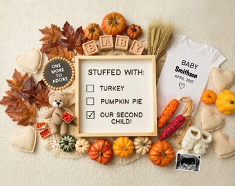 Zweite Baby Thanksgiving Herbst Schwangerschaft Ankündigung, Nummer 2 Herbst Digital bearbeitbare Vorlage Social Media Reveal Extra Dankbar Erwartet