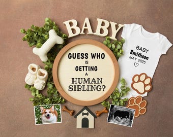 Annuncio di gravidanza del cane digitale, modello di animale domestico modificabile personalizzato per mamma di cane social media, rivelazione del bambino peloso, fratello, attesa, download immediato