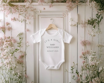 Girl Pregnancy Announcement Digital, Simple Minimalist It’s A Girl Pink Gender Reveal, Flowers Rustic, Editable Template, Little Baby Sister