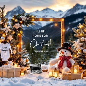 Kerstaankondiging zwangerschap digitaal, I'll Be Home For Christmas Baby Reveal, bewerkbare sjabloon decembervakantie, sneeuwpop wintercadeaus